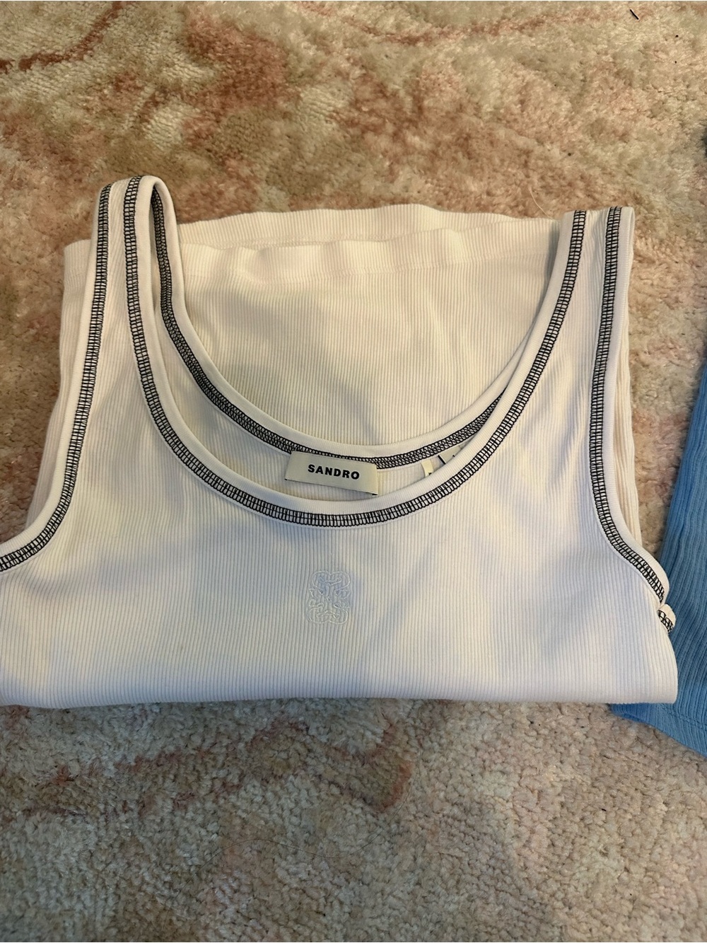 Sandro White Ribbed Tank with Black Contrast Stitching